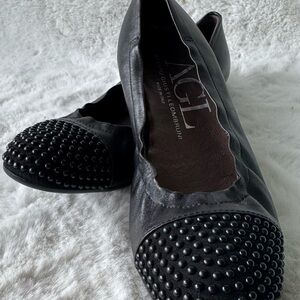 AGL Black Leather Studded Cap-Toe Ballet Flats